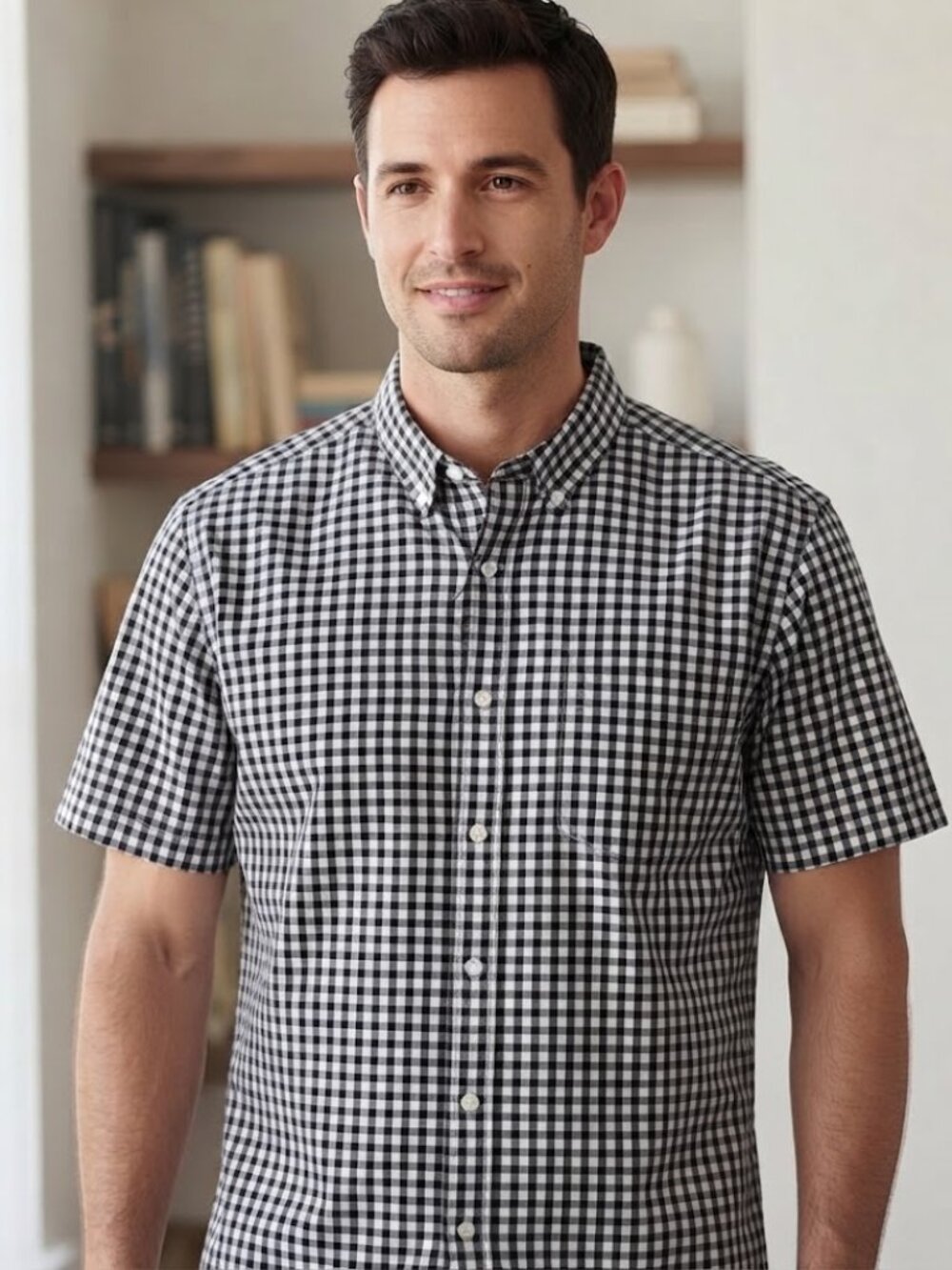 George Men's Classic Fit Short Sleeve Button-Up Shirt, Black and White